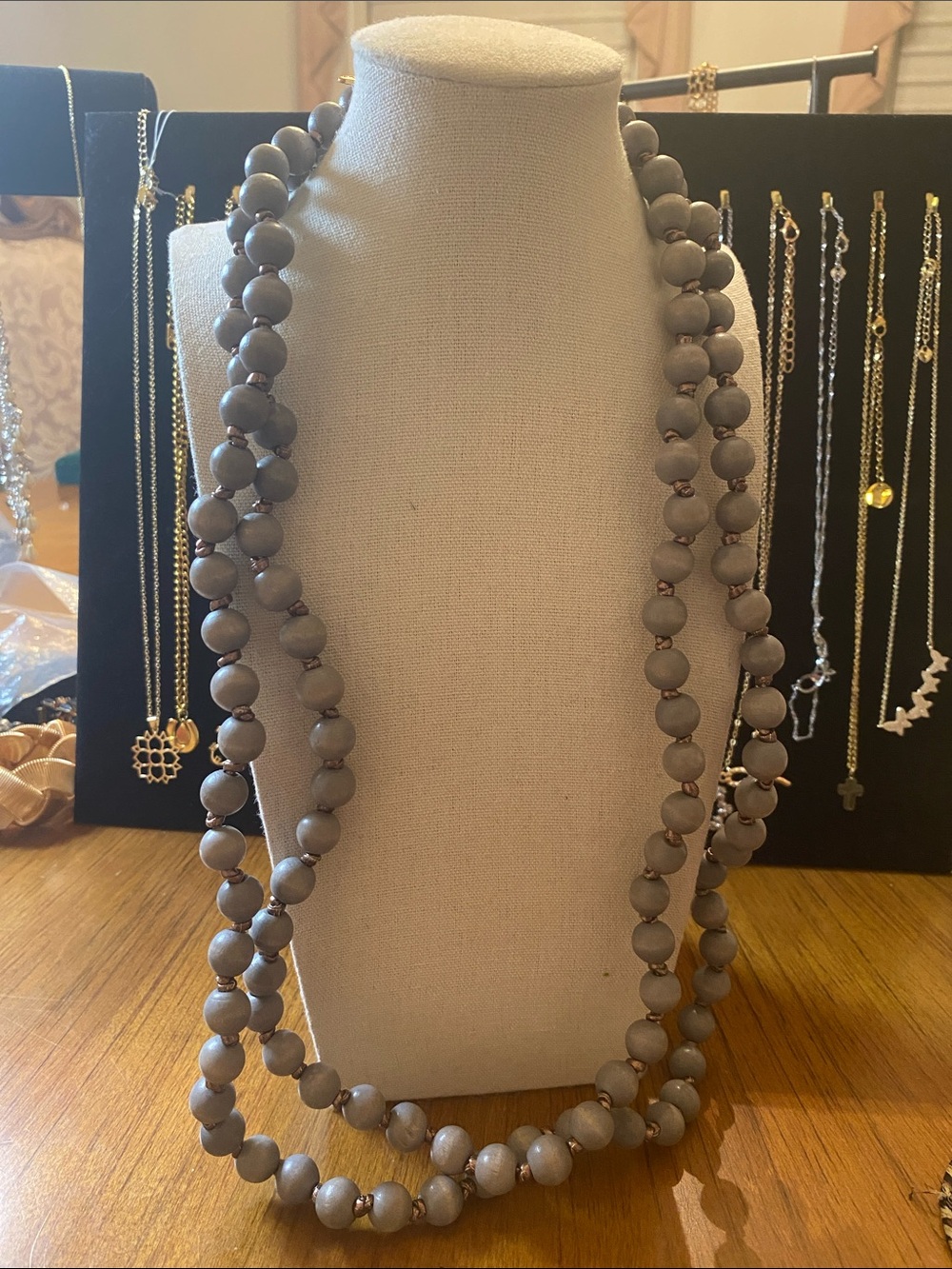 Plunder Taupe Gray Beaded Long Necklace